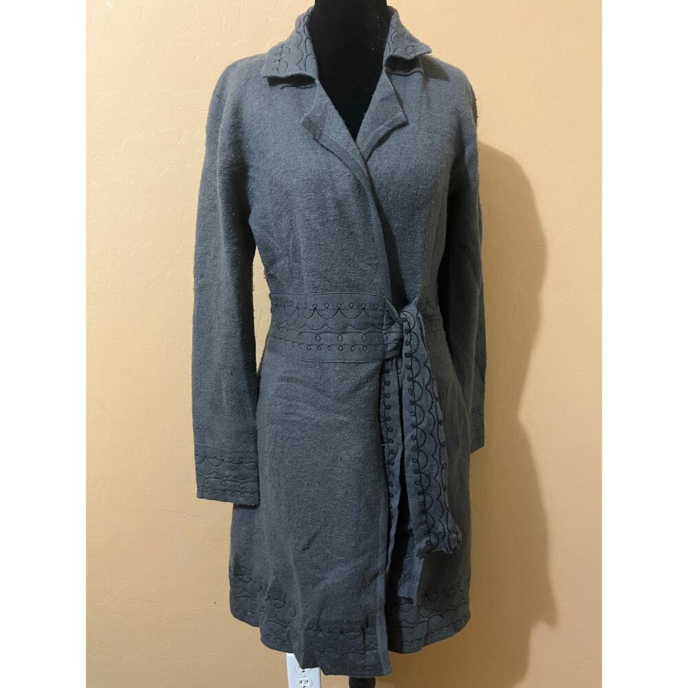 Heather B Gray 100% Wool Embroidered Wrap Cardigan Coat Womens Small Scalloped - Picture 1 of 8